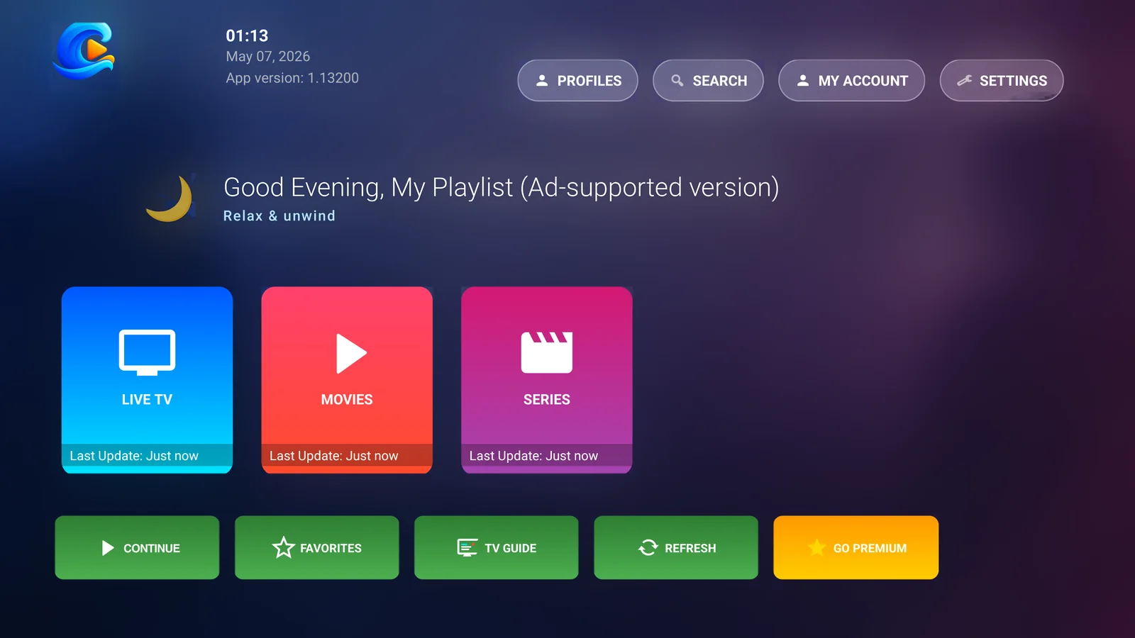 Wavvy TV Plus home screen on a TV